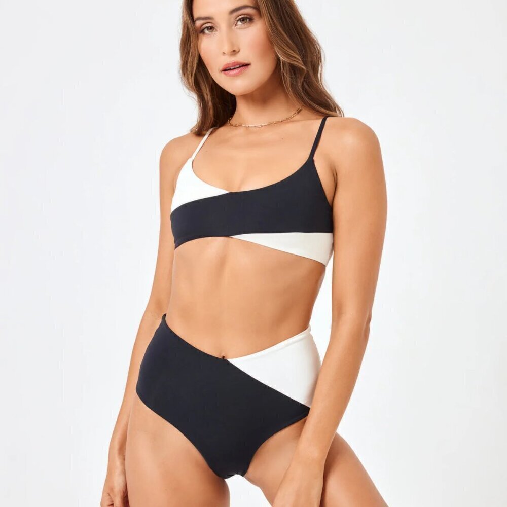 New L*Space Color Block High Tide Clasic Black/Cream Bikini Bottom Medium NWT - Picture 2 of 8